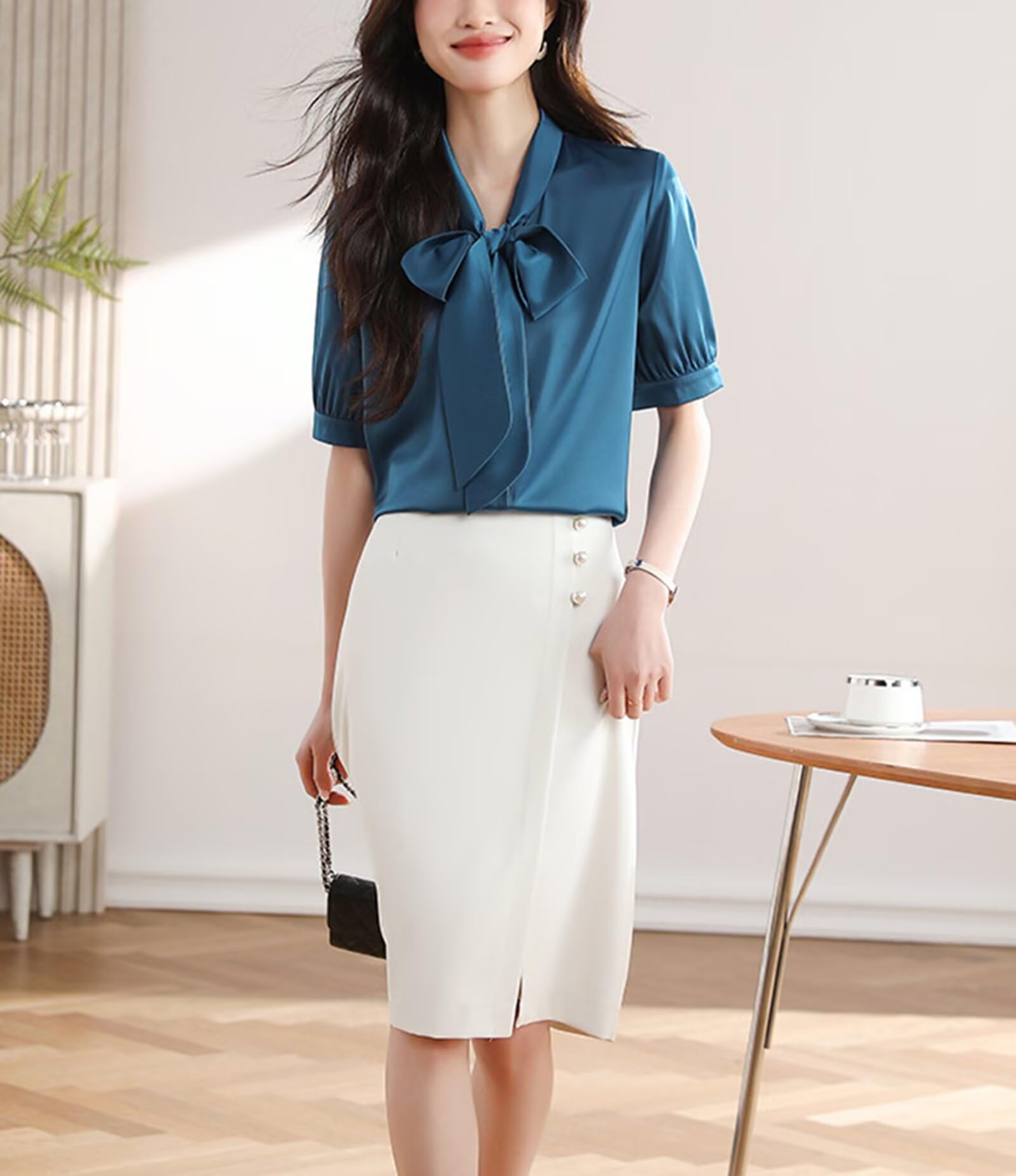 HNVAVQ Camicia Seta Donna con Fiocco Blusa Elegante Maniche Corte per Ufficio Lavoro