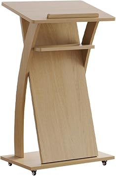 Podium Desk for Teacher Auditorium Classroom, Portable Wooden Podium Stand with Locking Wheels and Adjustable Microphone StandColorLog