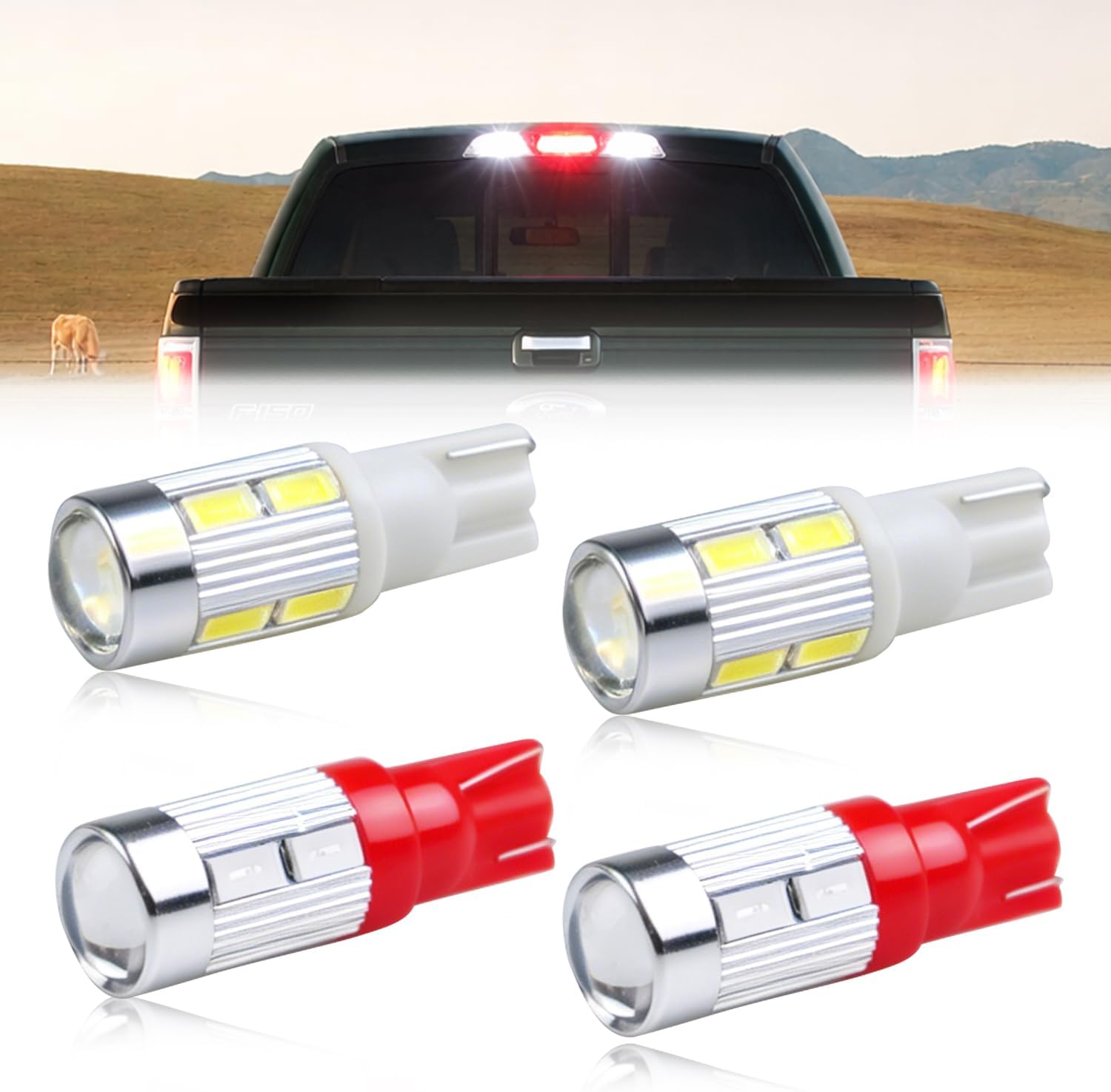 4PCS 10-SMD T10 LED Bulbs, 921 912 920 168 Replacement Light Bulbs, 2PCS Xenon White & 2PCS Brilliant Red High Power LED Lamps for Car Truck 3rd Third Brake Light