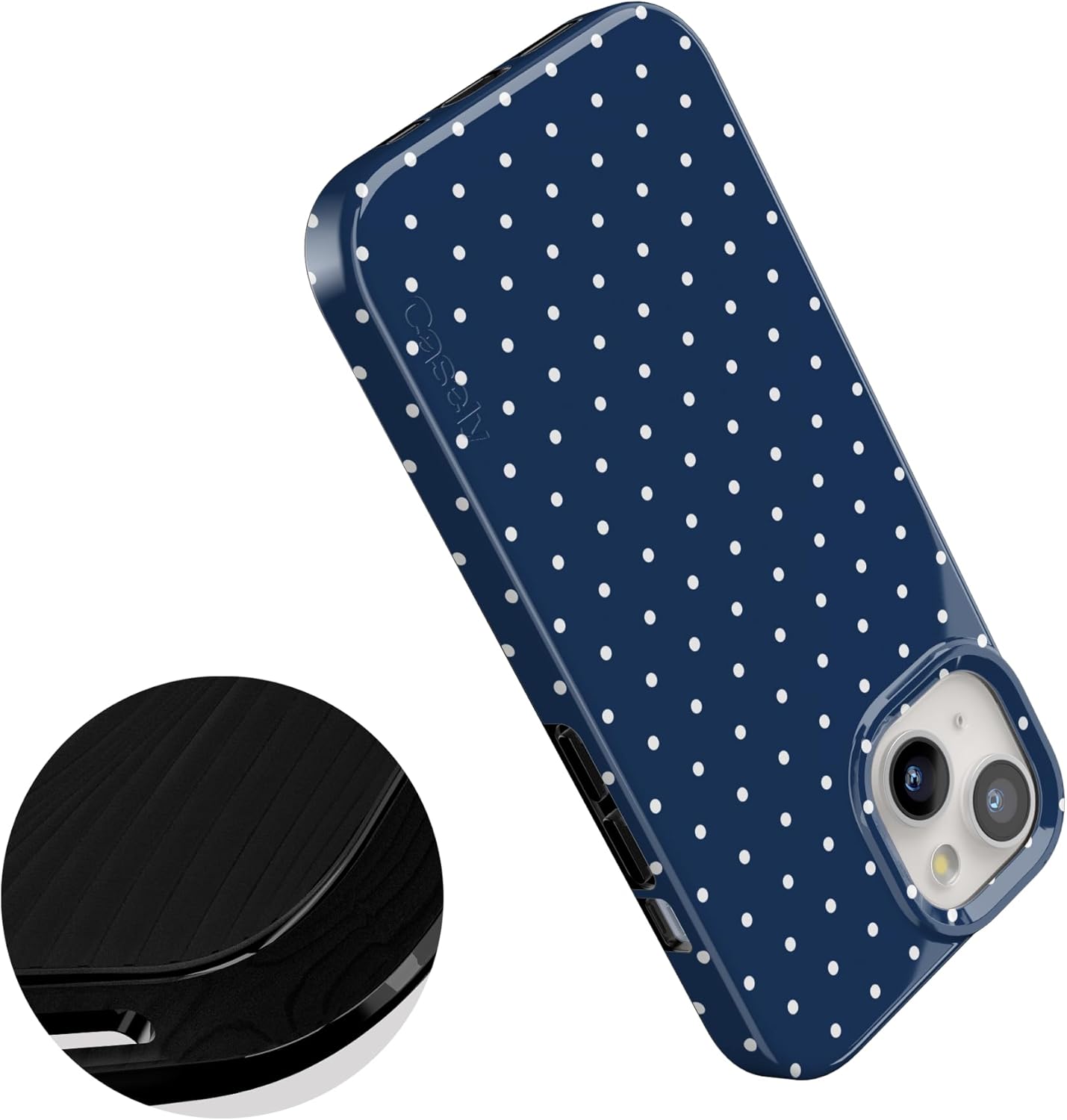 Casely iPhone 15 Case | On the Dot | Navy Polka Dot | Compatible with MagSafe | Classic Ultra Slim Design