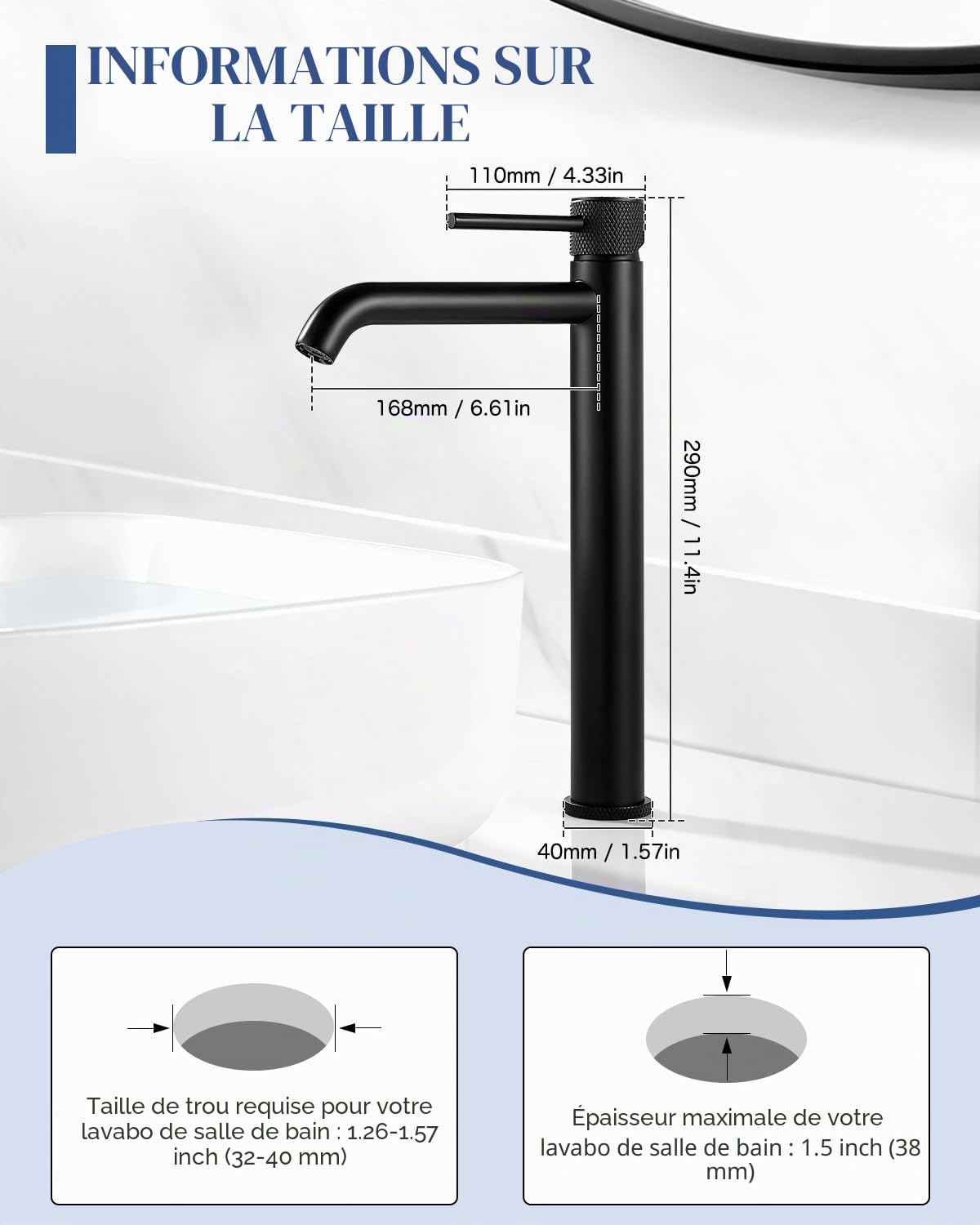Mitigeur de Lavabo, Robinet Lavabo Haut Noir, Modern Robinetterie de Salle de Bain Monocommande, Rond Robinet Salle Bain avec Hauteur de Bec 290 MM