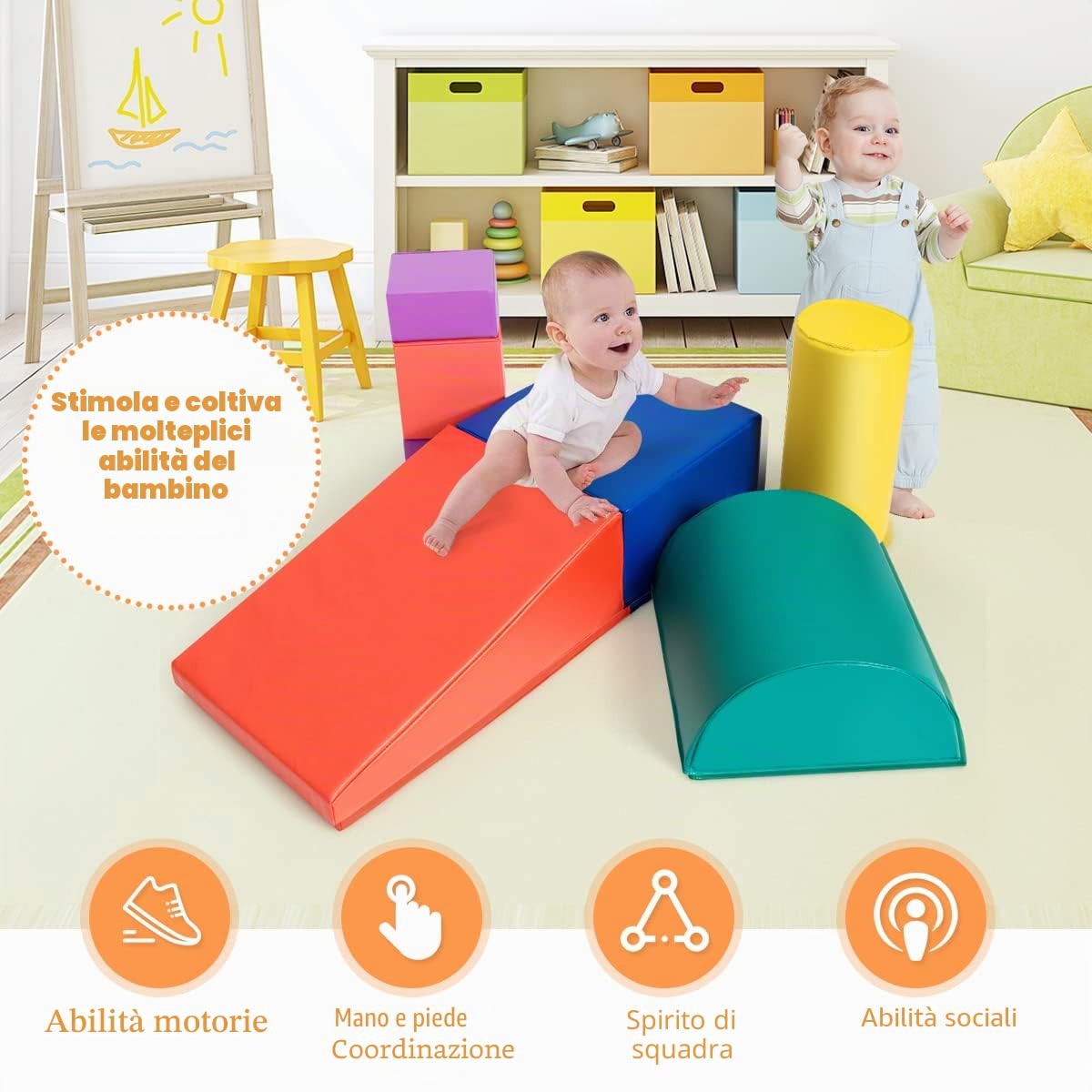 LIFEZEAL Set di 6 blocchi di costruzione in schiuma per bambini, moduli di capacità motorie in schiuma con scivolo - giocattoli educativi, in PU ed EPE, per casa, scuola materna (colorato 2)