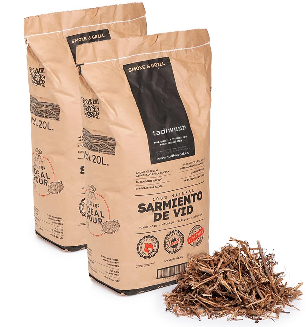 2x20L Sarmiento de Vid Trozeado. Ideal Barbacoas, Arroces, Paellas, Calçots o Chuletitas de Cordero. Hecho en España. Leña de Endendido Rápido. 100% Natural sin aditivos