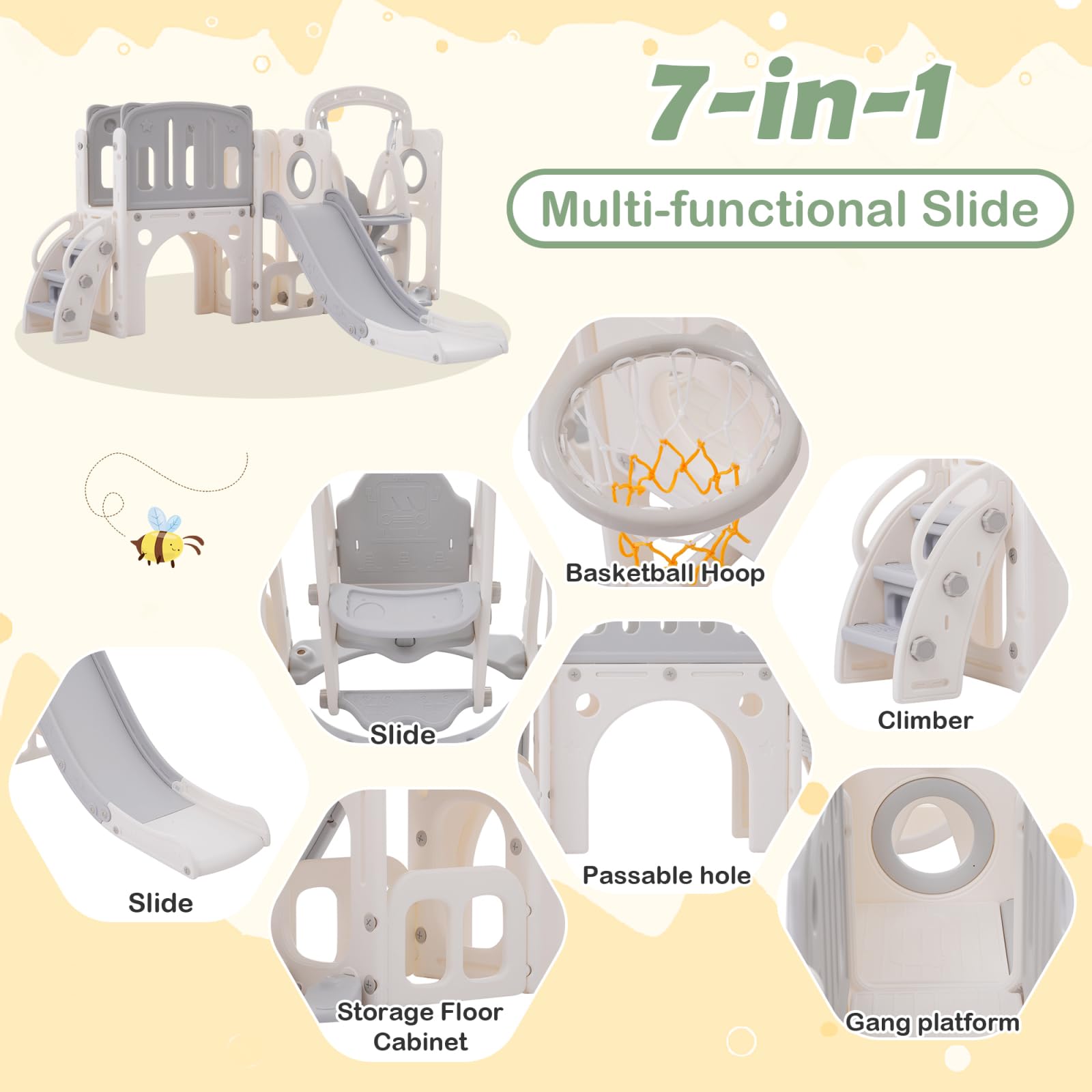 Rutsche und Schaukel für Kinder, 7-in-1Kinder Spielplatz mit Rutsche, Schaukel, Basketballkorb, Klettern,Treppe, Bohrspiel und Stauraum - Rutsche Set für Kindergeschenk