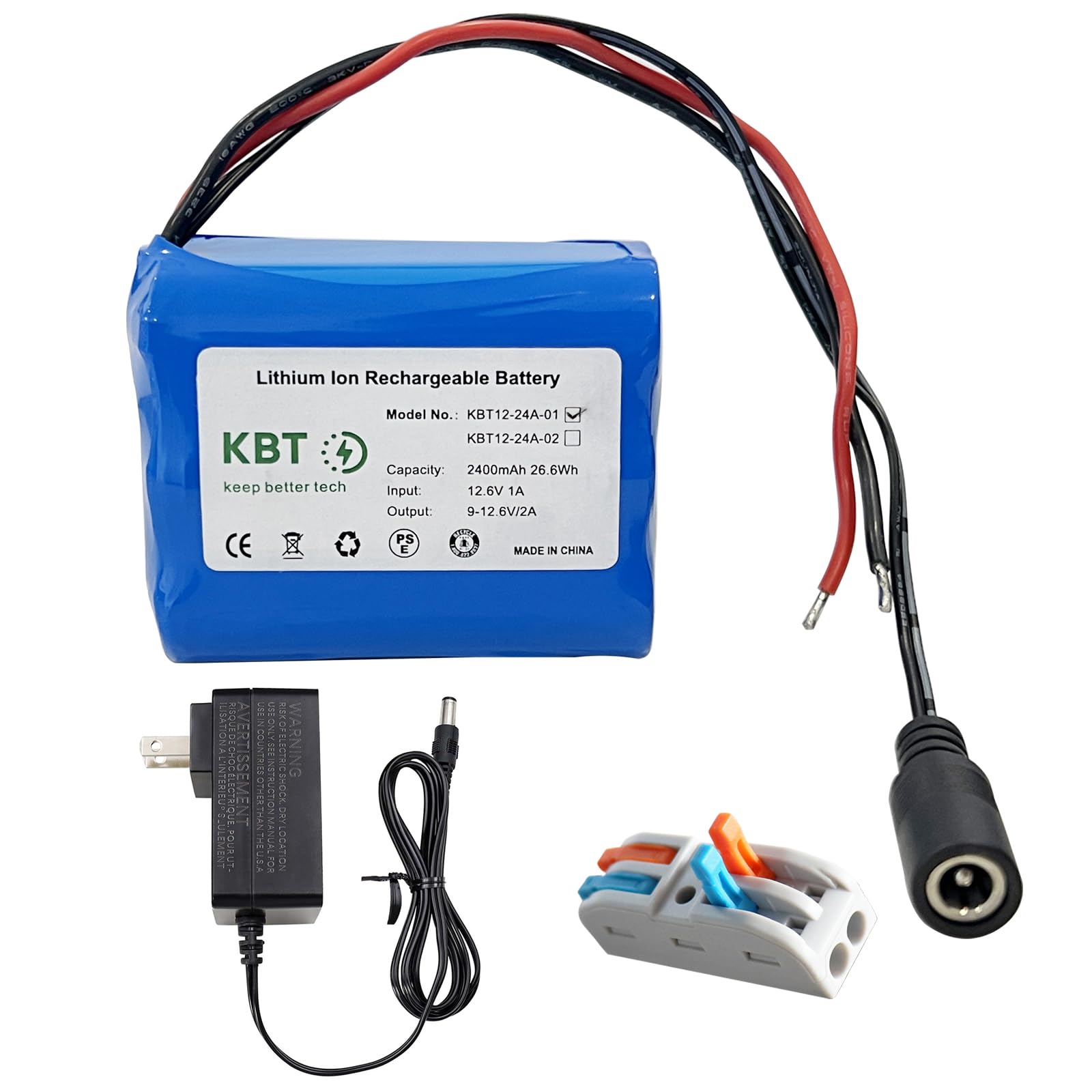KBT 12V 2400mAh Rechargeable Li-ion Battery, Bare Leads Wire Replacement Battery Pack with Charger Compatible with 12V Devices RC Car, Boat, Robot,