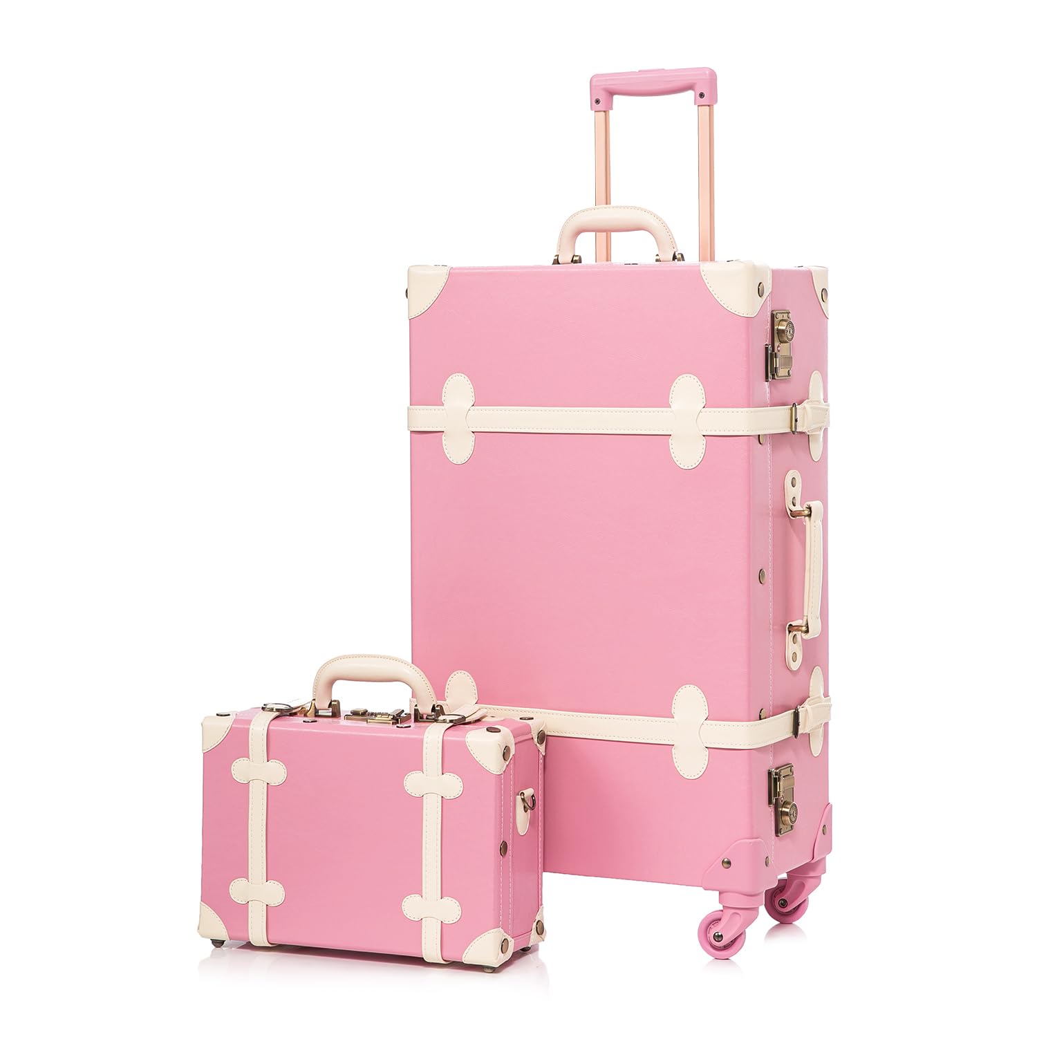UNIWALKER Vintage Pink Luggage Set, 2 Piece Handcraft Leather Suitcase with Spinner Wheels TSA Lock and Cosmetic Train Case for Women