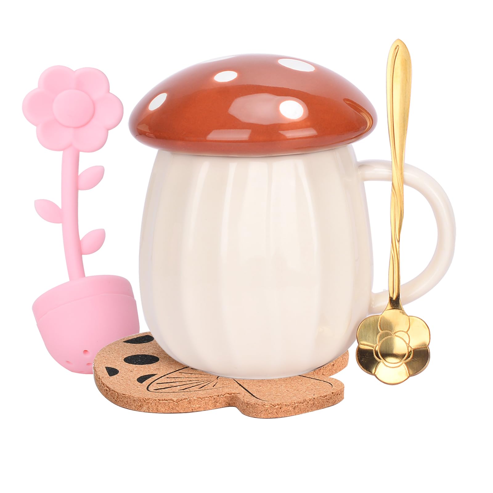 XinHuiGY Mushroom Mug, Cute Coffee Mug with Lid and Flower Spoon, Kawaii Mushroom Tea Cup