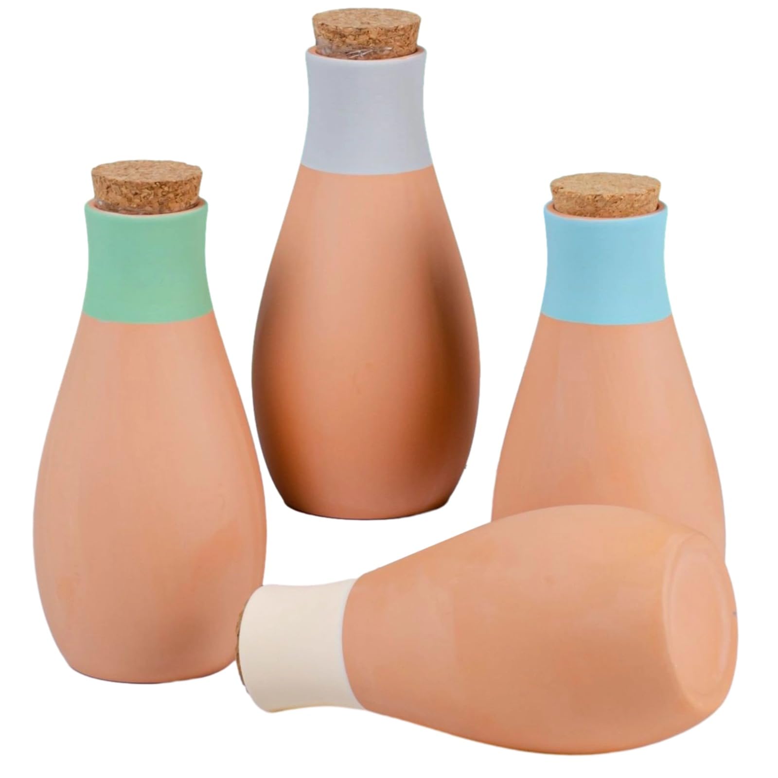 4 pièces cônes d'arrosage automatique en terre cuite pour plantes d'extérieur, grands cônes en céramique avec bouchon en liège, pour jardin, réduit le gaspillage d'eau, vert, bleu, rose et orange