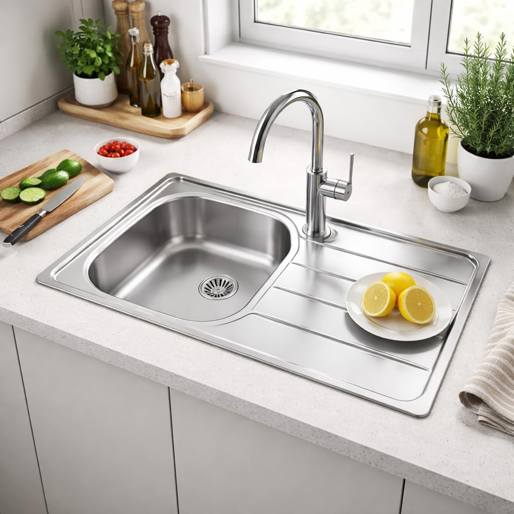 Cata CDL-1 ED Fregadero Sobre Encimera 79 x 50 cm, Cubeta Cuadrada con Escurridor, Válvula Canasta 3 1/2”, Mueble Mínimo 45 cm, Acero Inoxidable