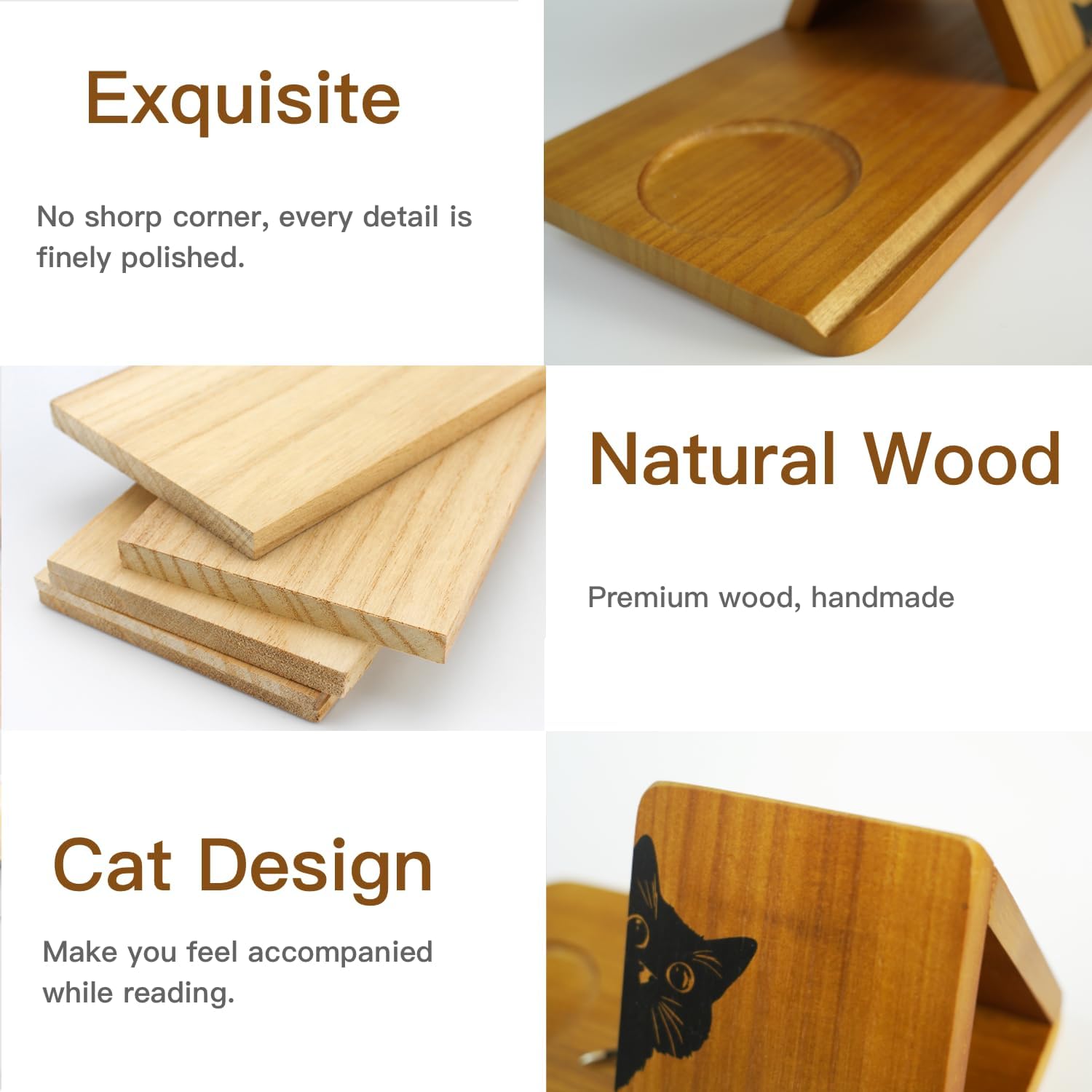 Wooden Book Stand, Triangle Book Holder, Small Bookshelf, Black Cat Book Rest with Cup Holder, for Reading or Desktop Decoration, Coffee and Book Lovers Father's Day Gifts for Dad & Husband