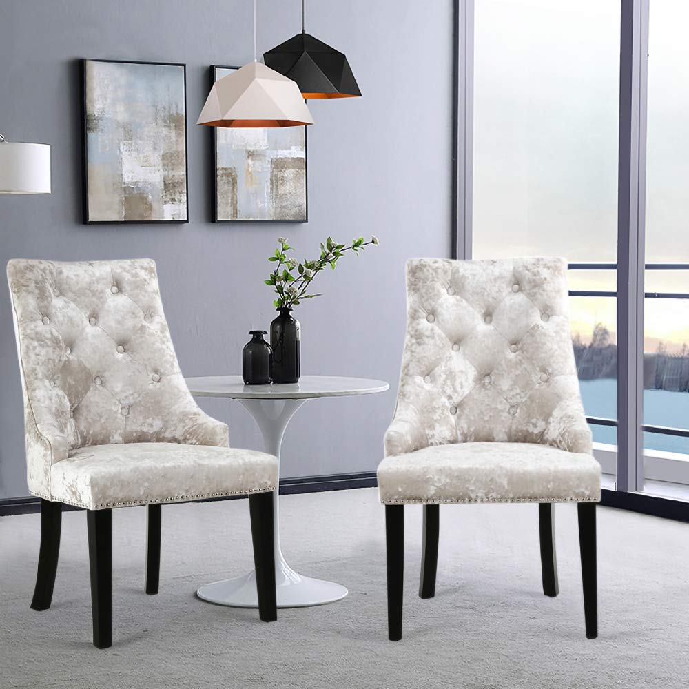 Dining Room Furniture Warmiehomy Set of 2 Crushed Velvet Dining Chairs Buttoned Studded Kitchen