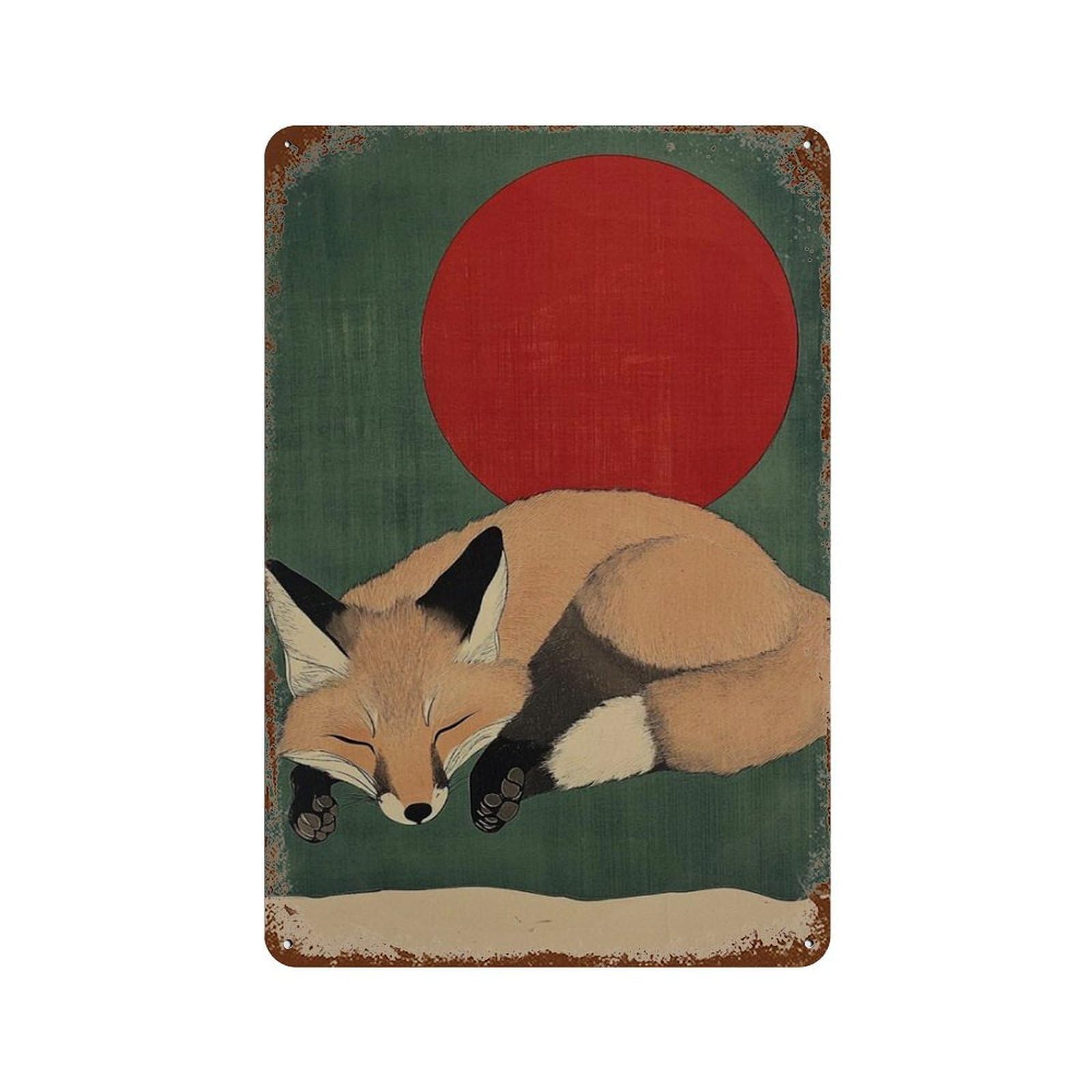 xiaoxiaoshen Sleeping Fox Cute Animal Minimal Woodland Scandinavian Nursery Wall Decor Art Metal Tin Poster Modern Home Decor Art Home Bar Shop Decorations Vintage Sign 30x20cm