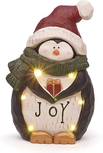 Mark Feldstein & Associates Figura de resina navideña de pingüino preiluminada con LED para puerta, 15 pulgadas