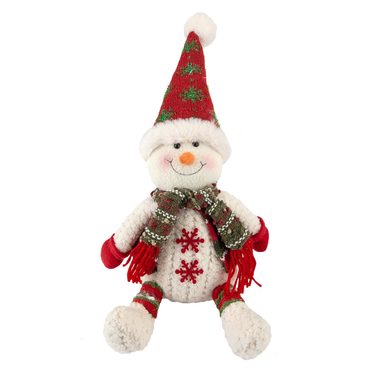 Vfm E-Store Green Scarf - Christmas Sitting Snowman Decoration Plush Festive Indoor Xmas Ornament - 19Cm X 22.5Cm White X 1
