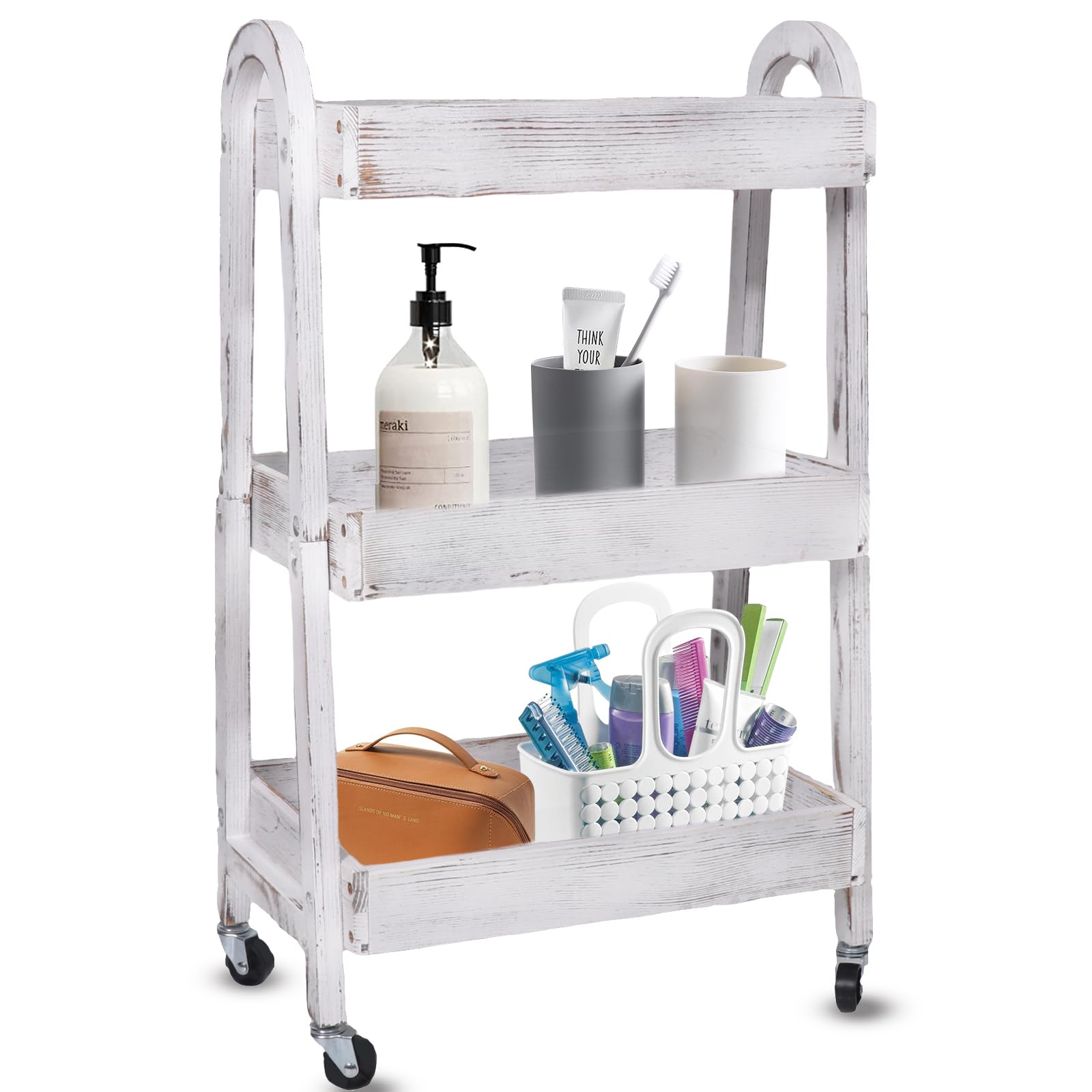 3-Tier Wooden Rolling Cart- Wooden Utility Cart wit Wheels- Utility Rolling Cart-Storage Trolley Organizer- Rolling Kitchen Serving Cart for Office,