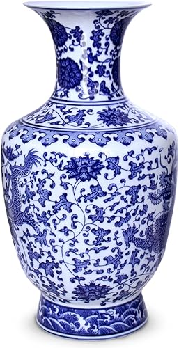 Miniatura 3 de Dahlia Jarrón azul y blanco, florero de porcelana china hecho a mano, diseño de dragón #4, forma de botella china de 13 pulgadas