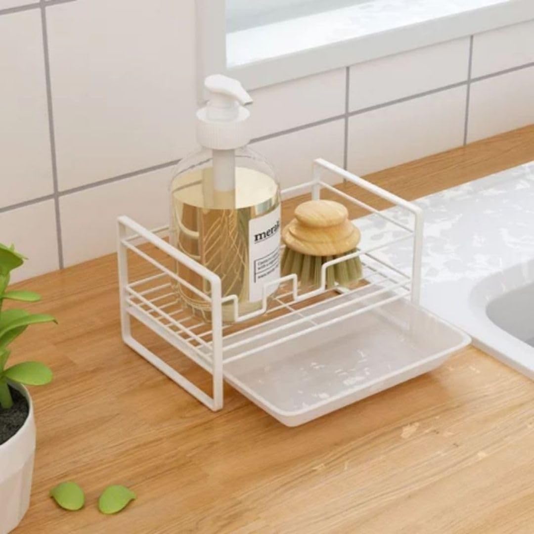 RACK STORE Kitchen Sponge Holder, Kitchen Organizer with Drain Tray, Dishwashing Liquid Drainer Bottle & Brush Storage Rack, Sink Caddy Organizer Cleaning Tools Holder for Kitchen… (White)