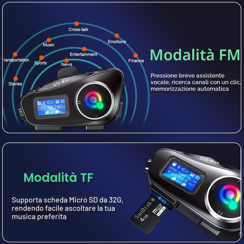OBEST Interfono Moto Casco Auricolare 500M, Bluetooth Auricolare Casco Moto, Supporta FM Radio/TF Carta/Siri, Condividi Musica, IP65 Interfono Sistema Comunicazione con Luce Atmosferica, 1000mAh