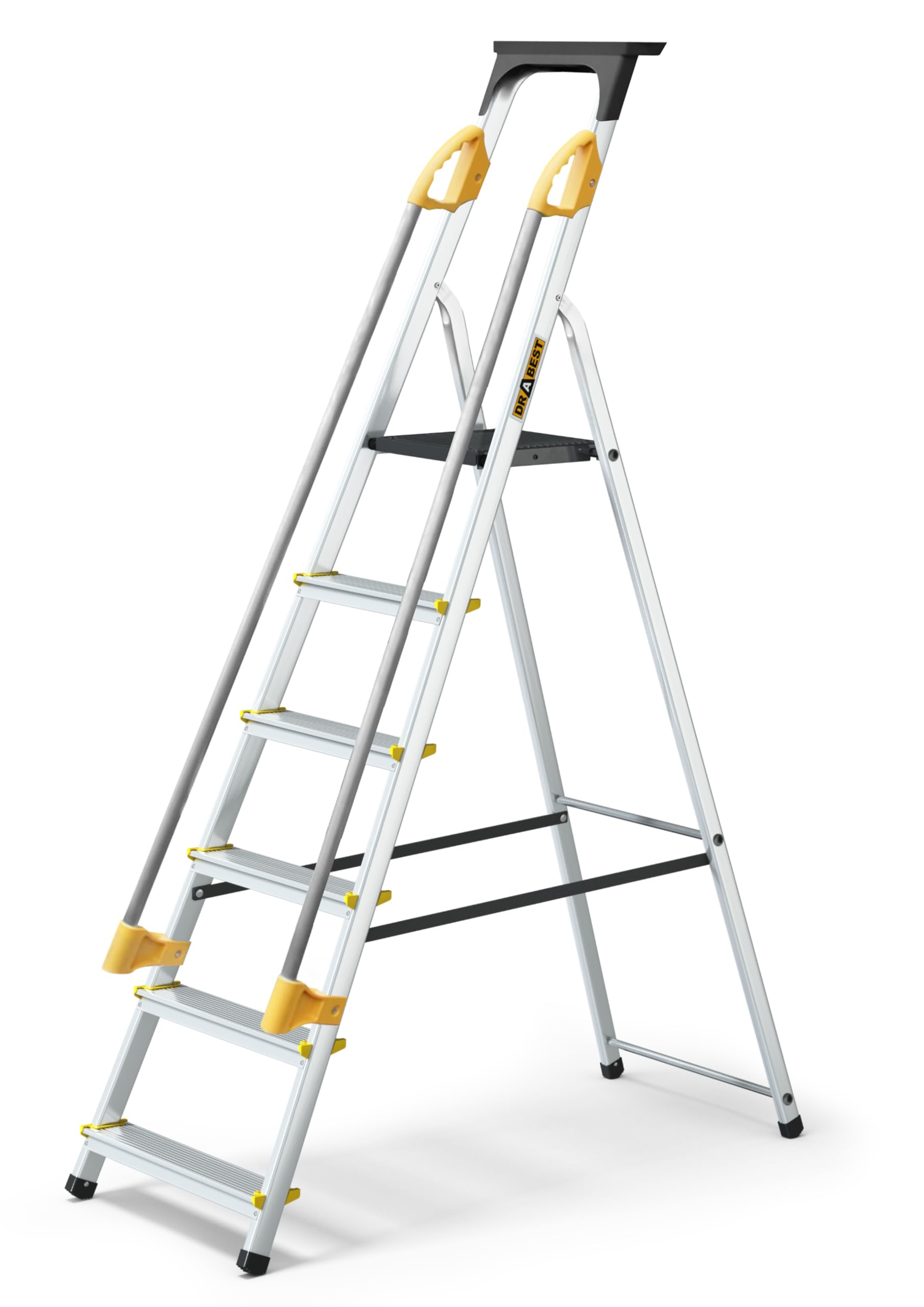 Drabest Metallic Silver Pro Series 6 Step Ladder Folding - Aluminum Folding Ladder - Lader With Safety Handrails & Work Platform - Stepladders 6 Tread - Capacity 150 Kg - Multi-Purpose Ladders - 48X193x12cm