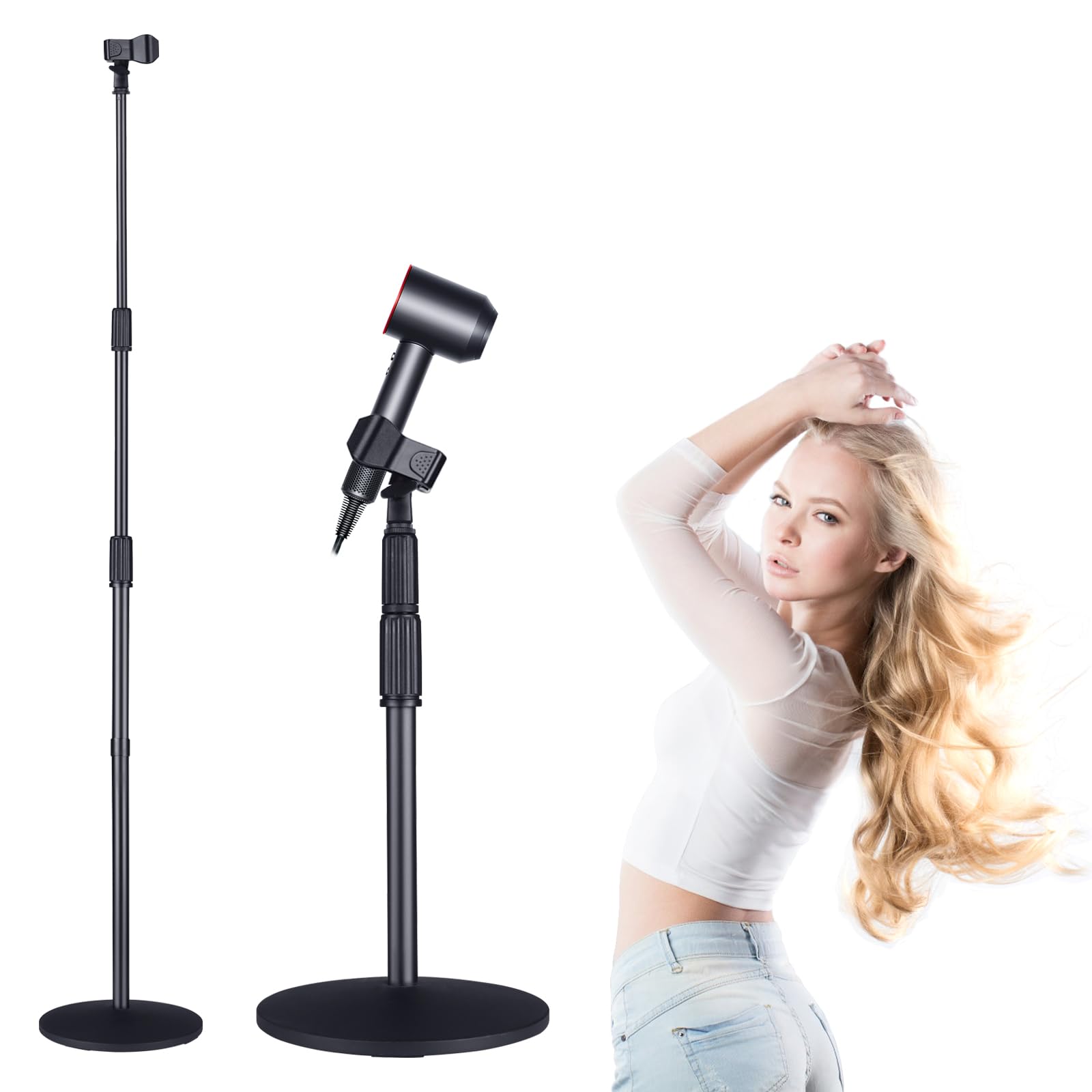 Soporte para secador de pelo manos libres, TAYUQEE Soporte para soplador ajustable de 59 pulgadas de altura, resistente soporte giratorio de 180 grados para mujeres y mascotas