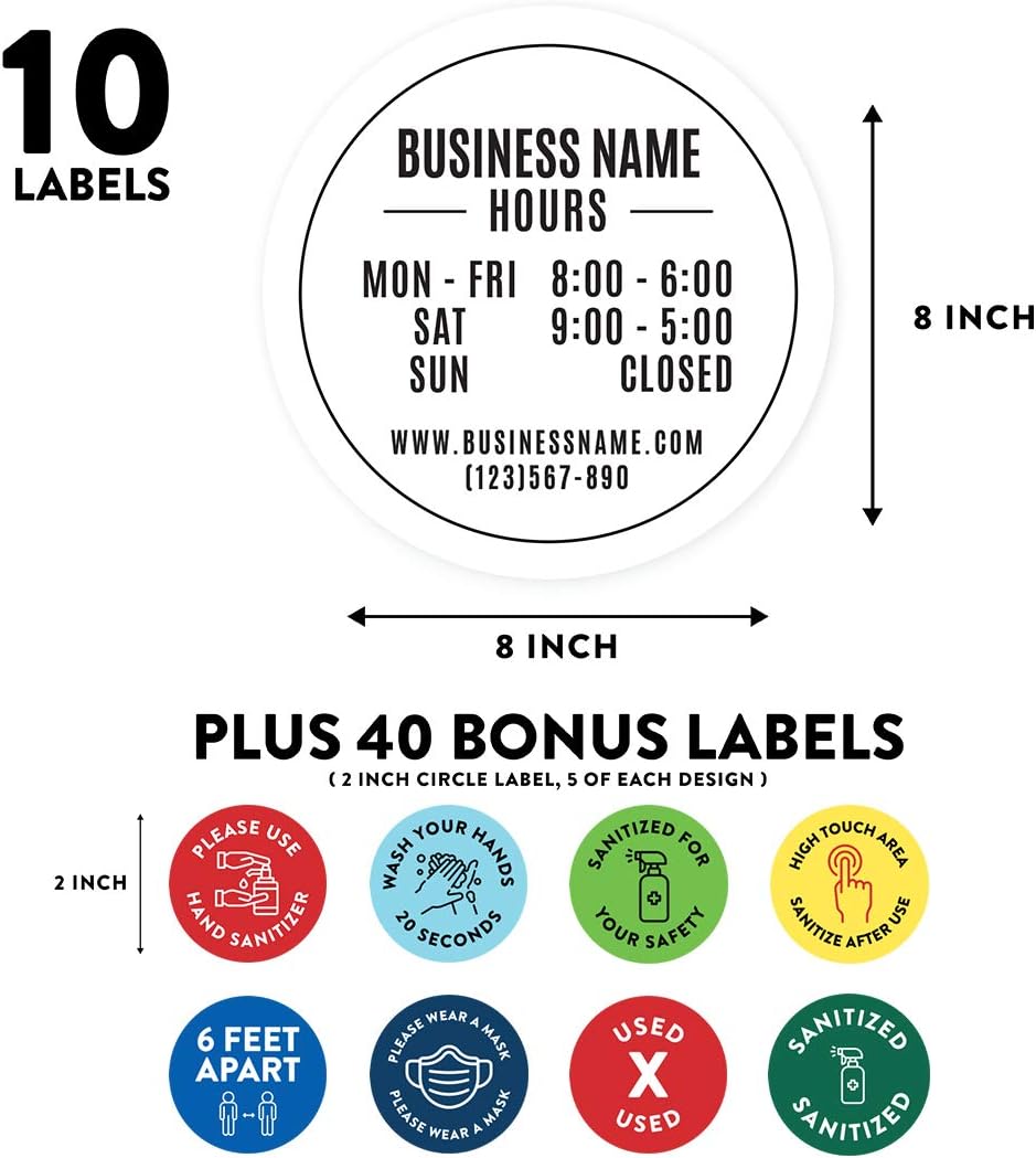 Andaz Press Custom Temporary Store Office Hours for Social Distancing Business Name Store Hours Custom Business Signs, 50 Labels, 10-Pack 8" Round Labels + 40-Pack 2" Circle Vinyl Sticker Decals