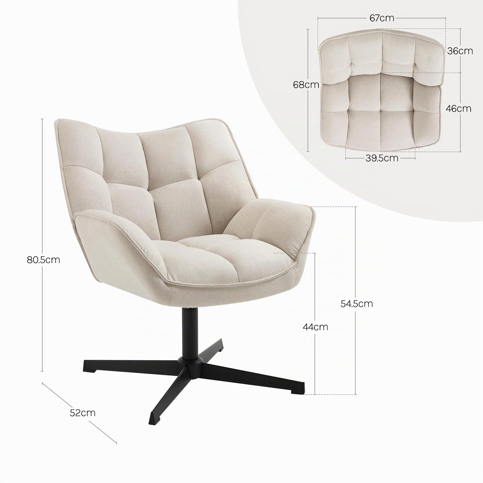 WOLTU Sillón Relax Giratoria, Silla Relax Ergonómica con Acolchado, Beige | Sillon Dormitorio Moderna con Respaldo y Asiento de Lino, Silla Lectura con base de metal en forma X, Estructura de Madera