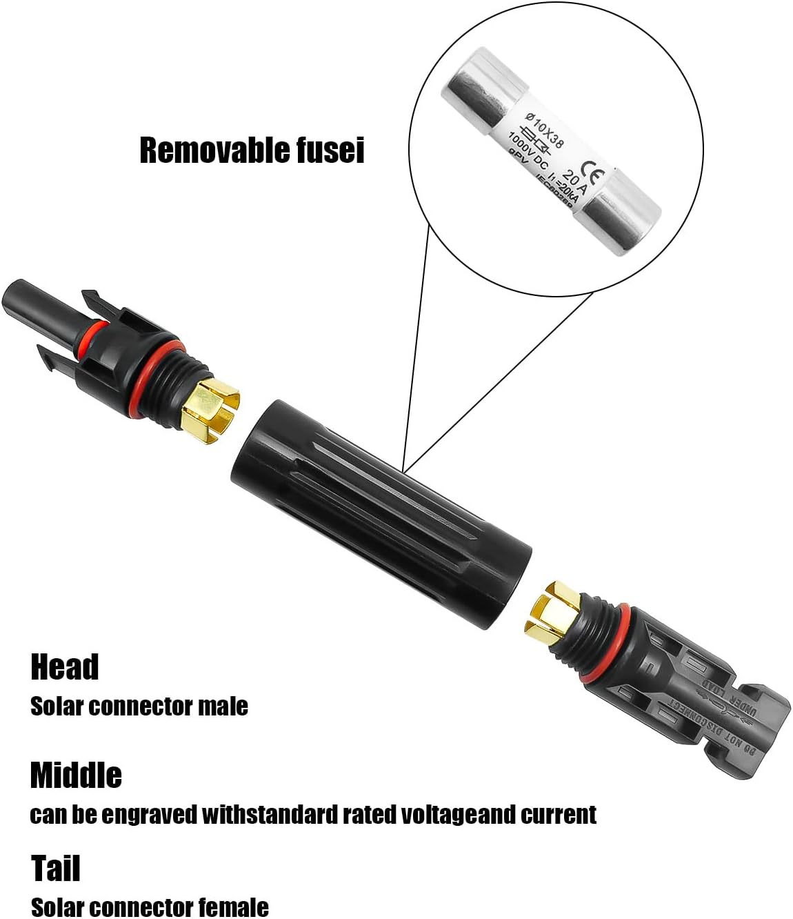 TIKSCIENCE 20A Solar Fuse Holder Inline IP67 Waterproof 1000V DC – Compatible with All MC4 Connectors for Solar Panels & Controllers, 5-Pack with Male/Female Ends