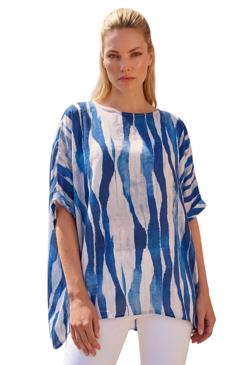 Roman Originals Swirl Print Button Back Top for Women UK - Ladies Everyday Holiday Spring Summer Round Neckline Comfy Soft Evening Vacation Work Party - Blue Abstract - Size 12