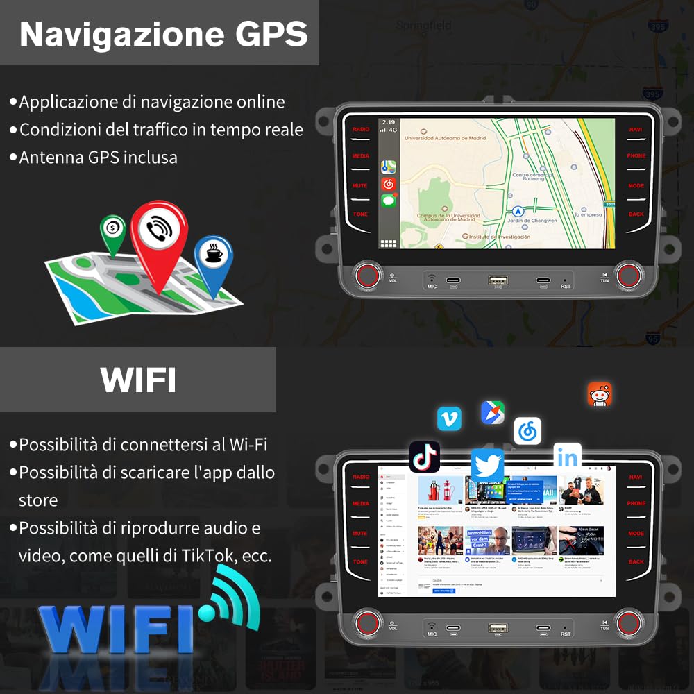 Autoradio 2 DIN per Golf 5 6 Passat Jetta Caddy Polo cc Tiguan EOS Touran T5 Scirocco Wireless CarPlay Android Auto Bluetooth/FM/RDS/USB/EQ/Tipo-C/Comandi al Volante