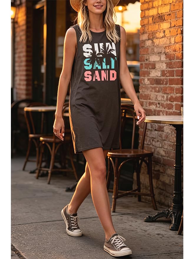 Image of Sun Salt Sand Coconut Tree Tank Mini Dress for Women Sleeveless Beach Praty Shirts Summer Vacation Short Mini Dresses