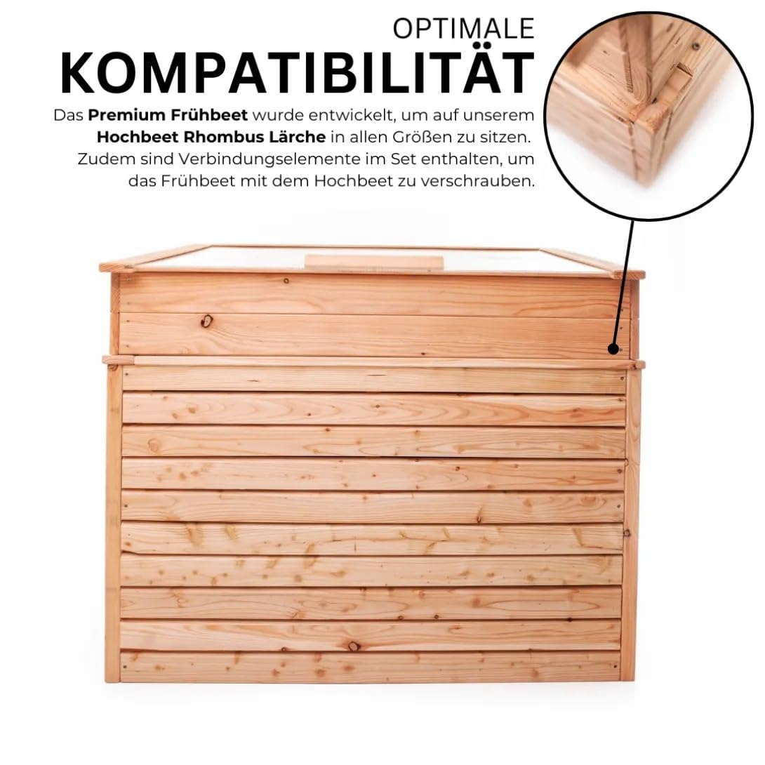 Mega Holz Premium Frühbeet 116x76x30 cm aus europäischer Lärche mit Klappdeckel - Wetterfest - Polycarbonat-Fenster - Hochbeet-Aufsatz aus Holz, kompatibel mit Hochbeet, für Garten, Balkon & Terrasse