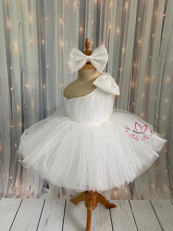 Baby Tulle Dress Ball Gown - Toddler First Birthday Party Outfit - One Shoulder Dress with Pearls - Off-Shoulder Style for Baby Girls - Elegant Tulle Gown for Weddings & Special Occasions3