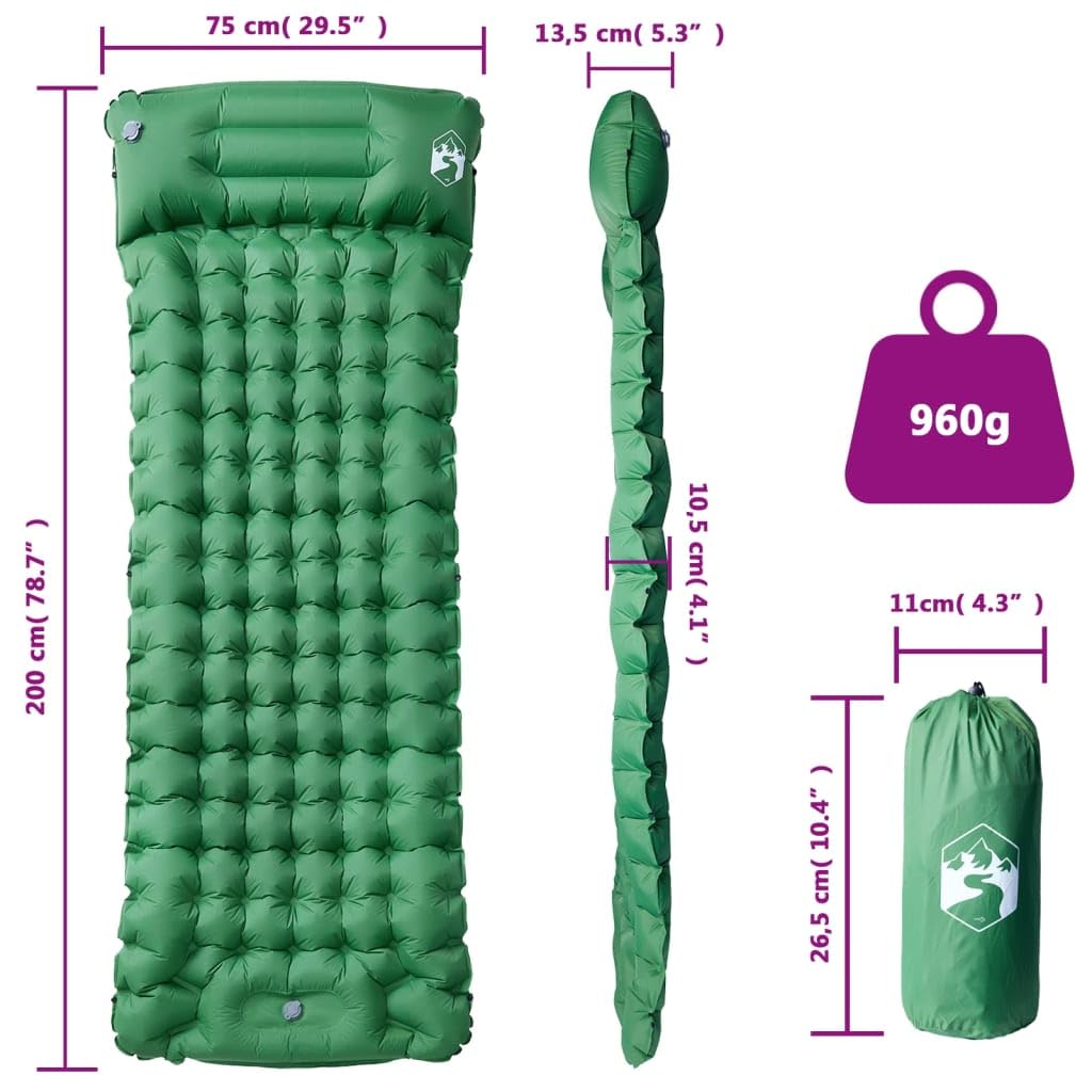 Samopompująca się karimata z poduszką, zielona, 200 x 75 x 10,5 cm, nylon 40D z powłoką TPU, lekka, składana mata do spania na kemping, trekking, wędrówki, aktywności na świeżym powietrzu