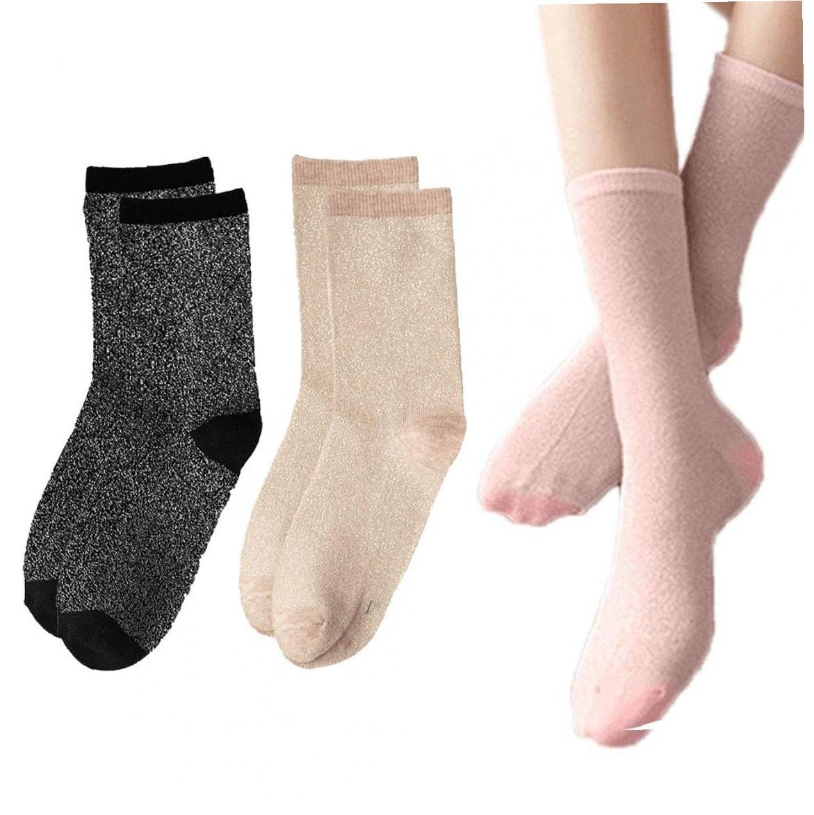 Haowul Women's Black Pink Beige Style Gold And Silver Silk Material Fashion Socks Solid Color Glitter Shiny High Elastic Fashionable Sock