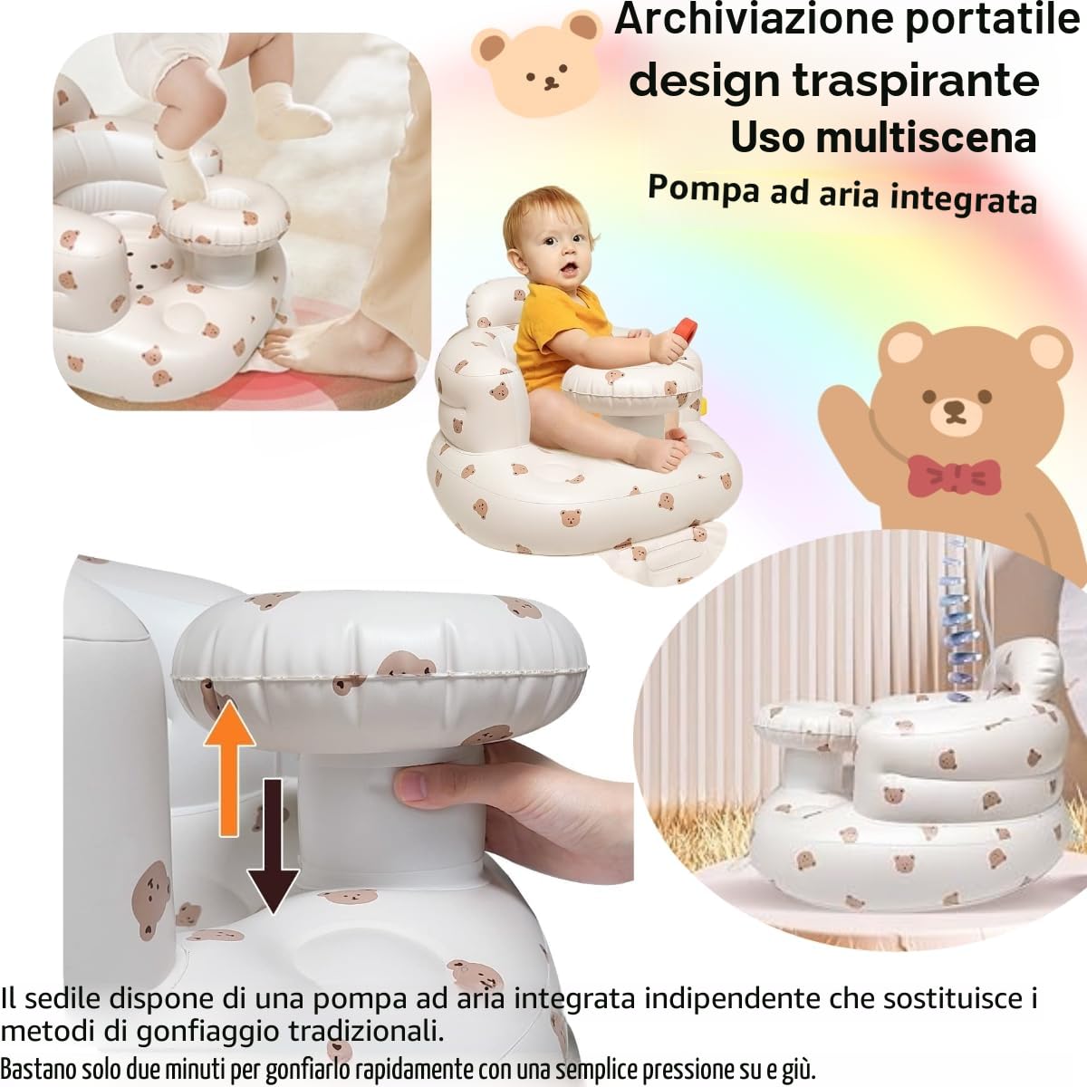 Seggiolino gonfiabile per bambini da 4 a 24 mesi con pompa ad aria integrata, supporto per la schiena per bambini, sedia per sedersi, sedia per baby shower, sedile (Orso)