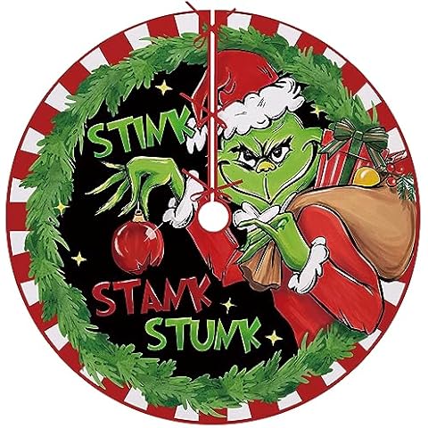 Fzbali Stink Stank Stunk Christmas Tree Skirt 36 Inches Lace-up Gifts Artificial Green Xmas Tree Skirt, Red White Stripes Holiday Party Indoor Decoration Home Decor Cover