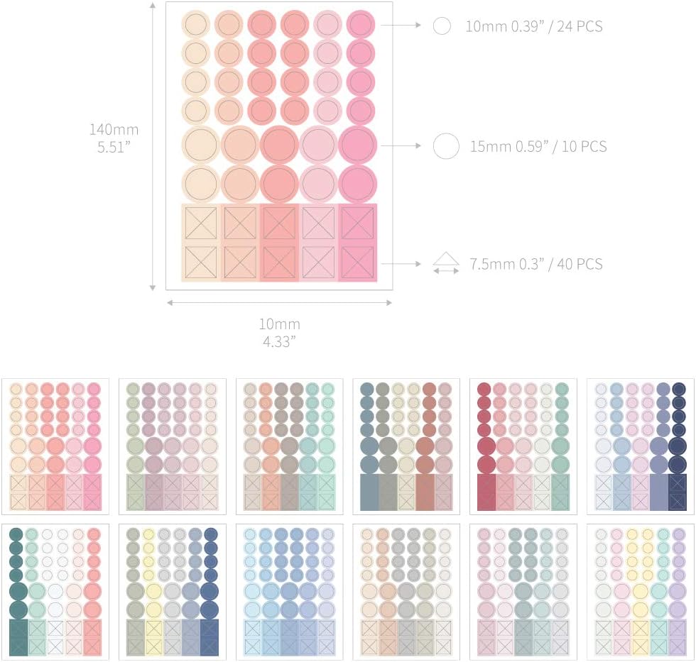 Monolike Diary Deco Palette Stickers Set - Solid Round Dot 24 Sets of 12 Designs image 2