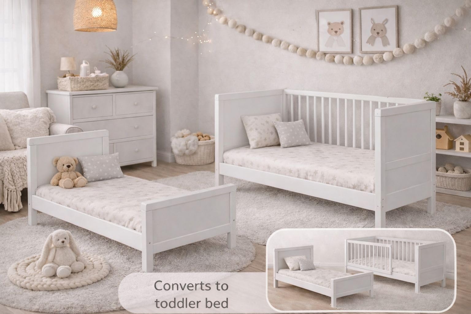 Lit bébé évolutif Nelly 120x60 cm – Bois de hêtre – Lit Junior Convertible – Sommier réglable – en 716 (Blanc)