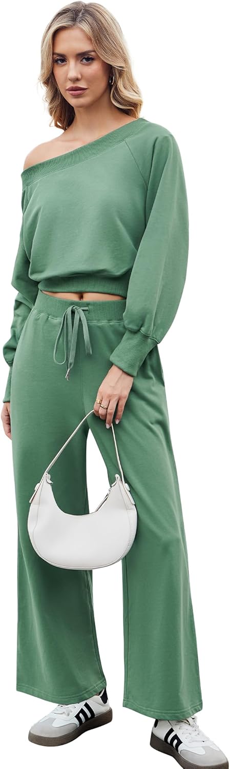 FIOPHY Women's 2 Piece Outfits Lounge Matching Set Off Shoulder Sweatshirt Long Sleeve Top Wide Leg Sweatpant Tracksuits Sets