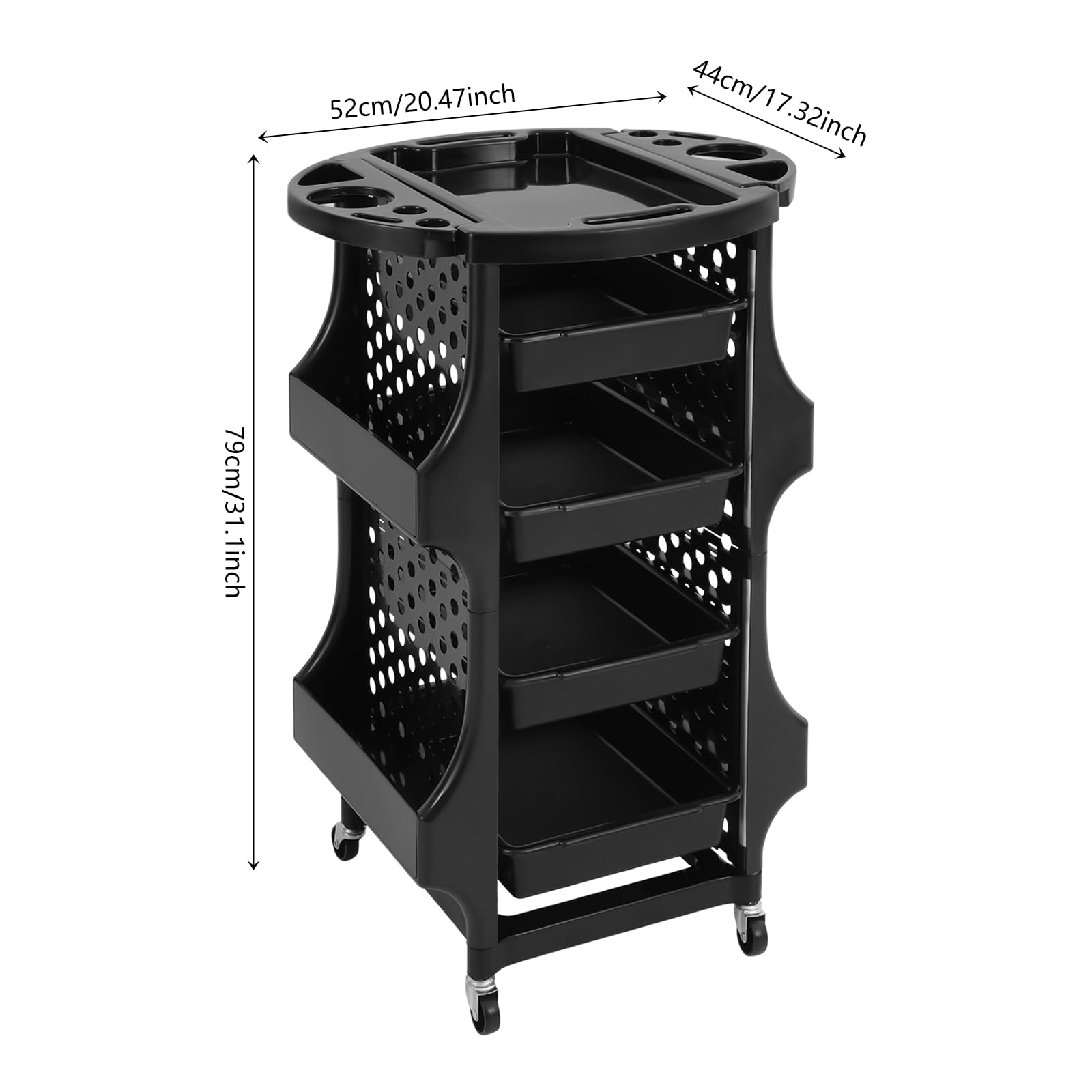 Carro de peluquería con 4 cajones, carrito de salón con cesta lateral para peluquería, peluquería, peluquería, peluquería, 52 x 44 x 79 cm, color negro (4 cestas laterales)