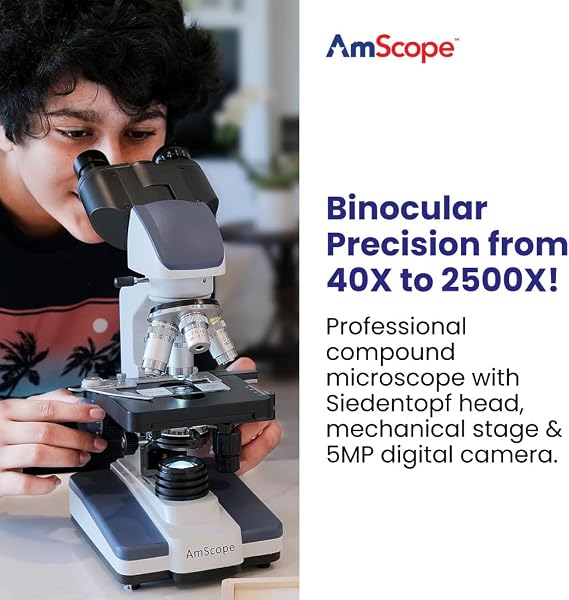AmScope - 40X-2500X LED Digital Binocular Compound Microscope with 3D Stage + 5MP USB Camera
