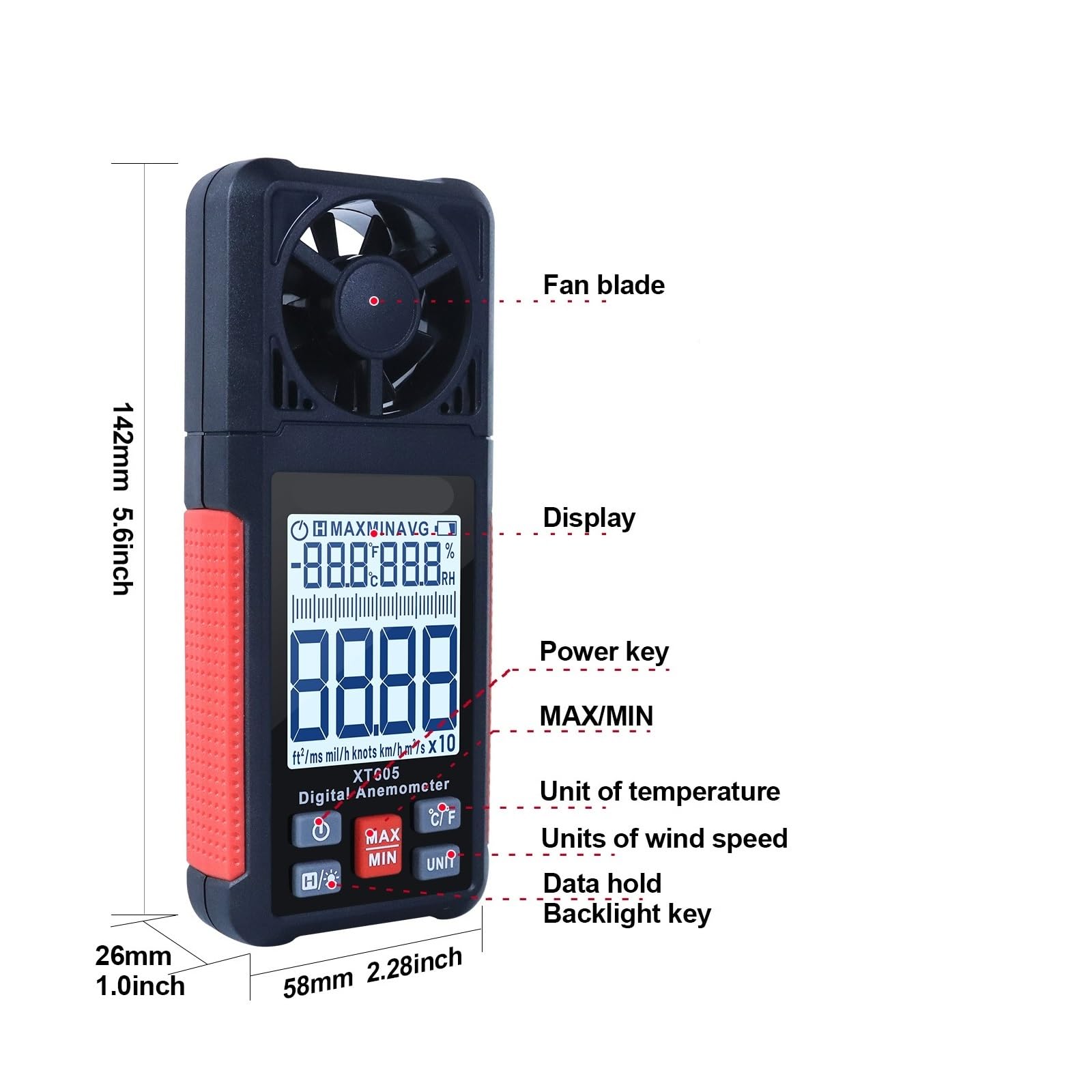 Anemómetro digital portátil XT605 con sensor de temperatura y humedad y medidor de velocidad del aire.