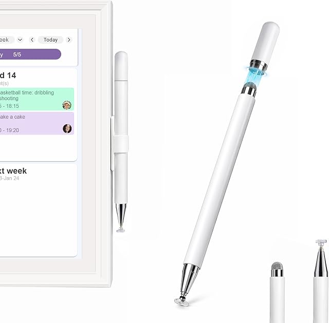 Stylus stylo pour appareils à écran tactile avec support adhésif, 2-in-1 Double pointe (Mesh) & Disque) Stylus pour Comprimé & Calendrier numérique intelligent, sans charge, toujours attaché, blanc