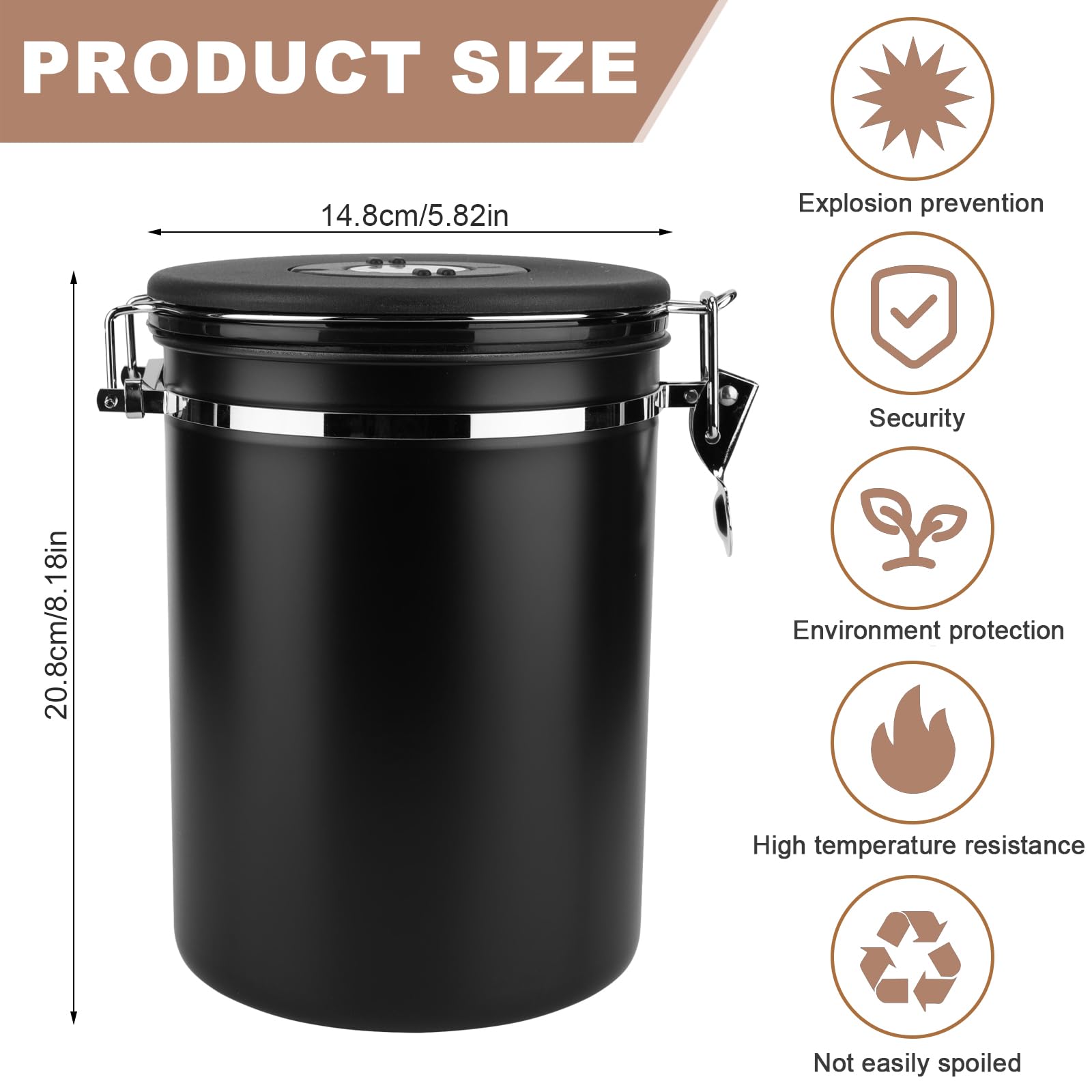 ZONJIE Luchtdichte koffiebus, 2,8L koffiebonenhouder van roestvrij staal, 1 kg bonen vacuüm-koffieblik, luchtdichte roestvrijstalen koffieblik met CO2- ventiel, maatlepel & datumweergave