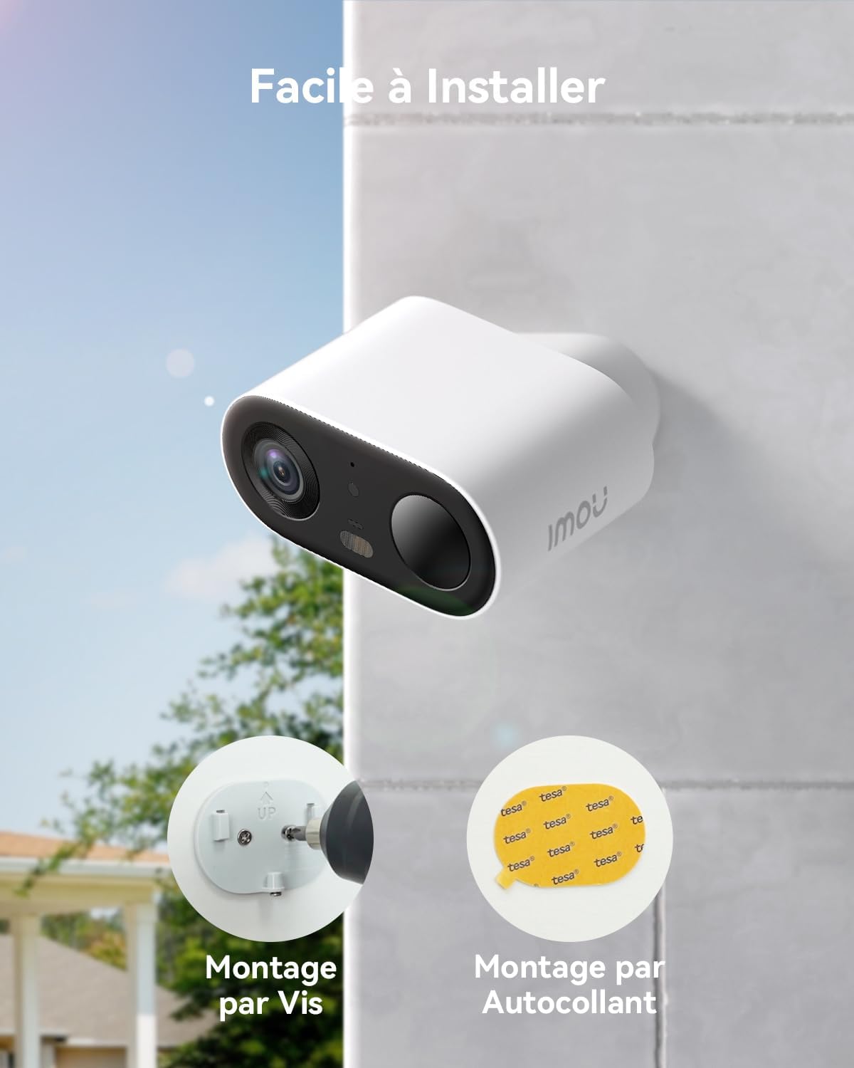 Imou Cell Go camera mounted outdoors, showing resistance to sun, rain, and snow, highlighting its IP65 rating.
