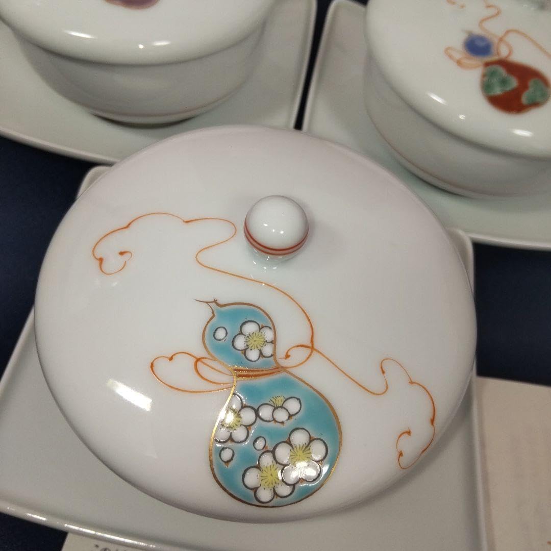 深川製磁 花ひょうたん 瓢箪 蓋付き 湯飲み 舟型 茶托 ホワイト 白磁