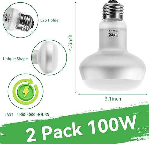 Miniatura 5 de LUCKY HERP Bombillas de calor intenso para reptiles de 100 W, paquete de 2 lámparas de calor de reptiles de luz diurna UVA, bombilla de calor para