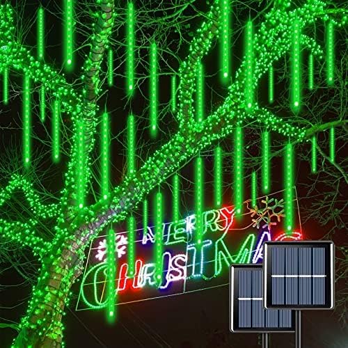 YEGUO Paquete de 2 luces verdes de Halloween para exteriores, luces solares de lluvia de meteoritos impermeables, 16 tubos 288 luces LED de lluvia