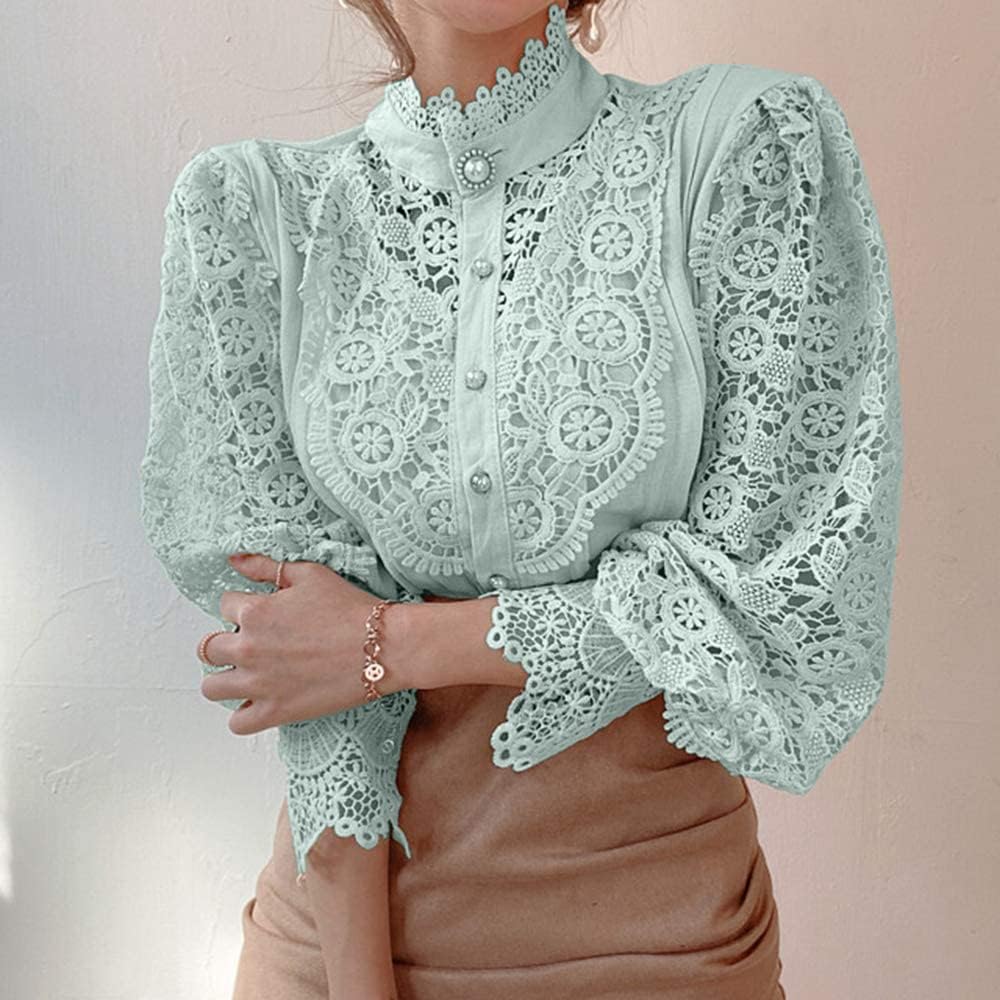 Women’s Elegant Lace Trim Shirts Casual Victorian Blouse Long Sleeve Button Down Tops - Image 2