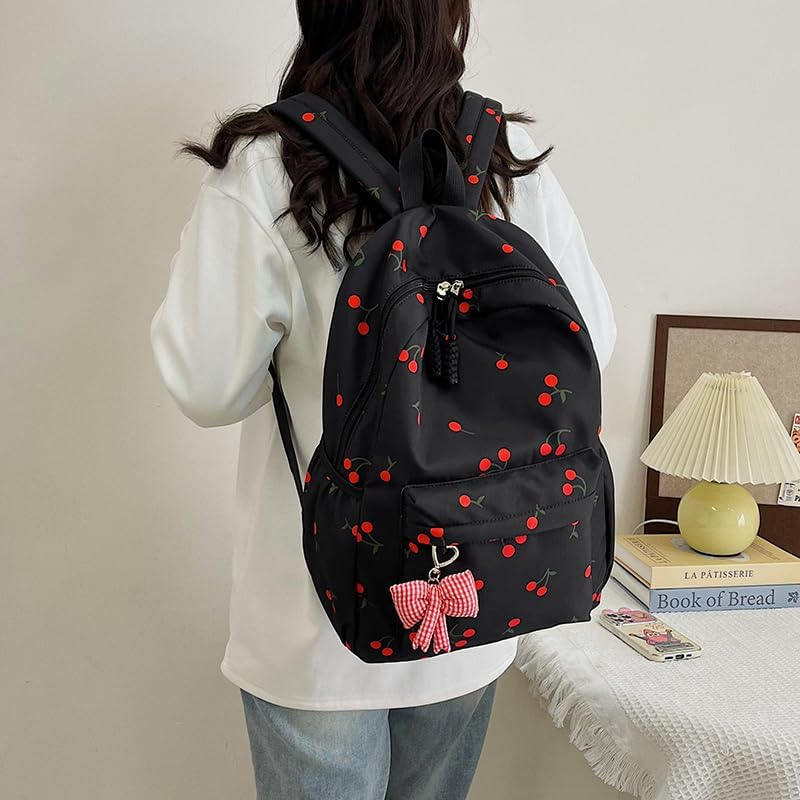 Cherry Backpack for Girls Nylon Rucksack Cute Kawaii Backpack 3 Piece Set with Cherry Pattern (Black)2